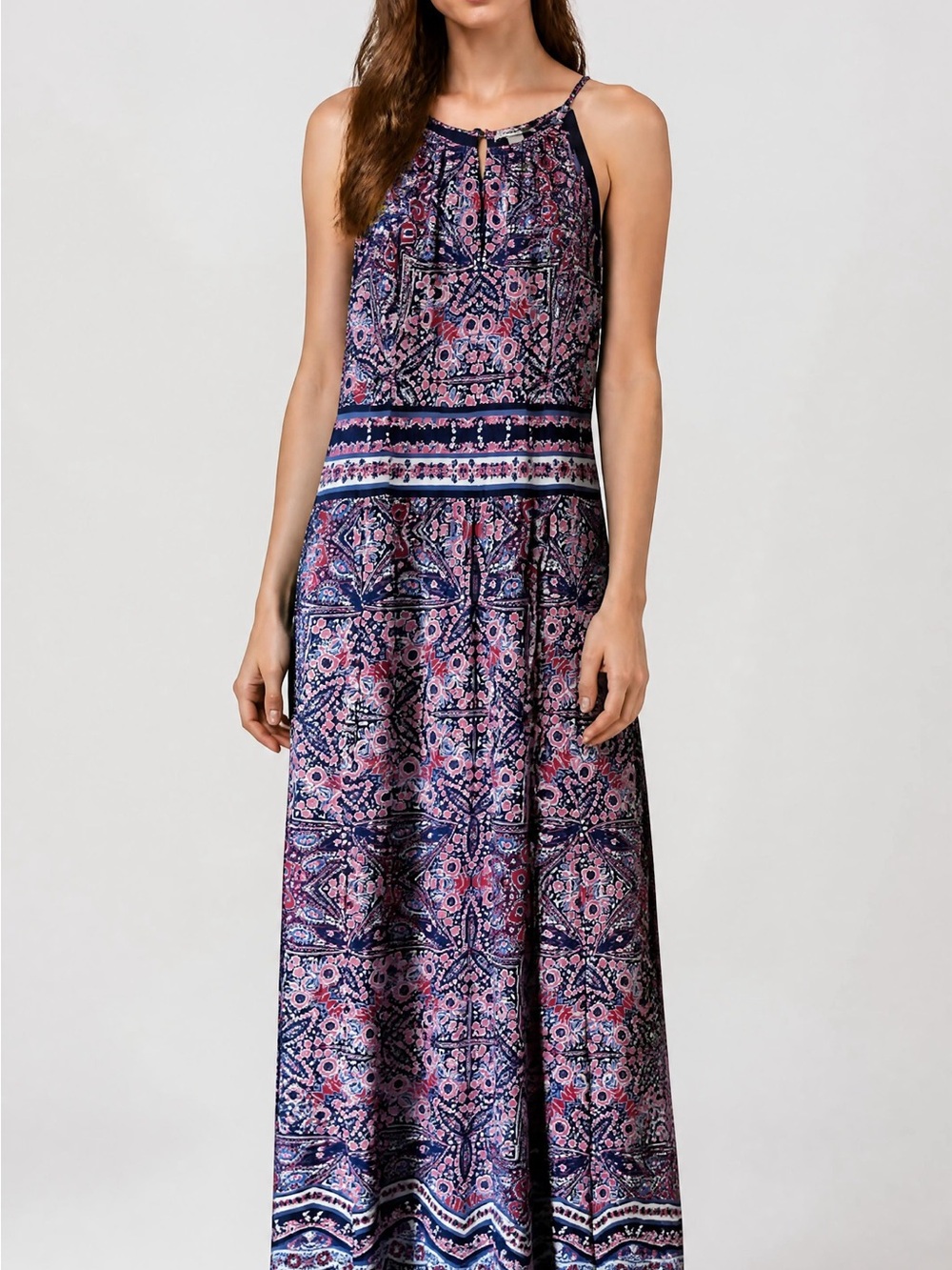 Printed Halter Maxi Dress in Pink and Navy